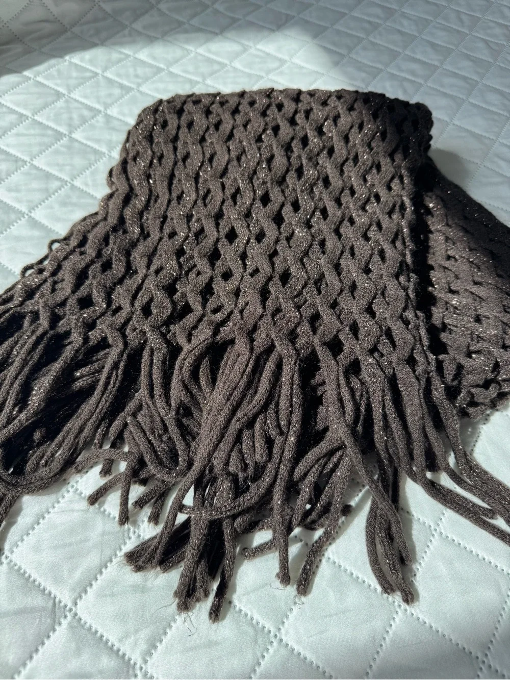 Free People Crochet Fringe Scarf Brown Metallic Open Knit Boho Y2K Festival Wrap